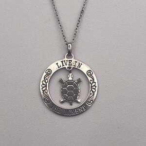 Vtg Sterling Silver Turtle Necklace Pendant 925 Live in the Moment Dangle 16"+